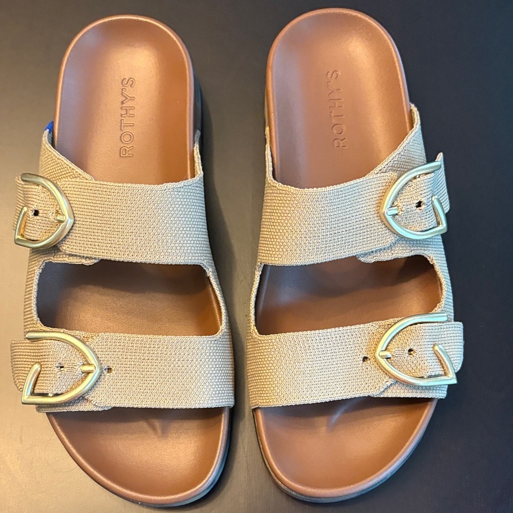 Rothy's Tan Sandals with Gold Accents